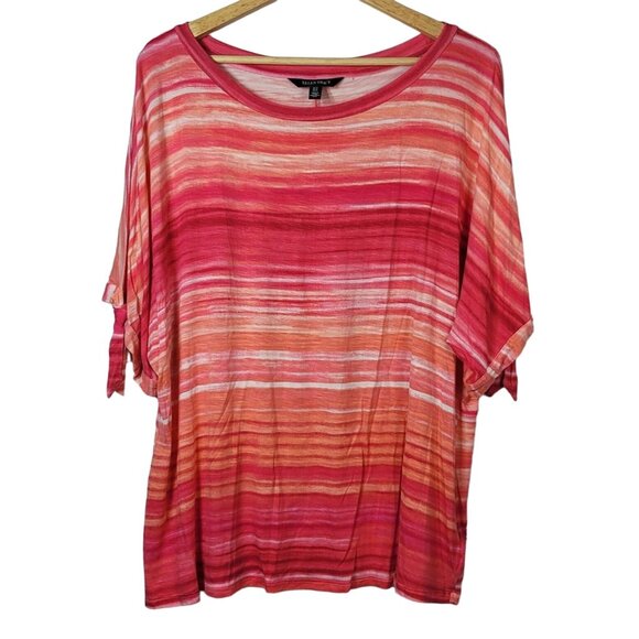 Ellen Tracy Pullover Top Pink 1X Round Neck Open Short Sleeve Ties On Striped - Picture 1 of 8